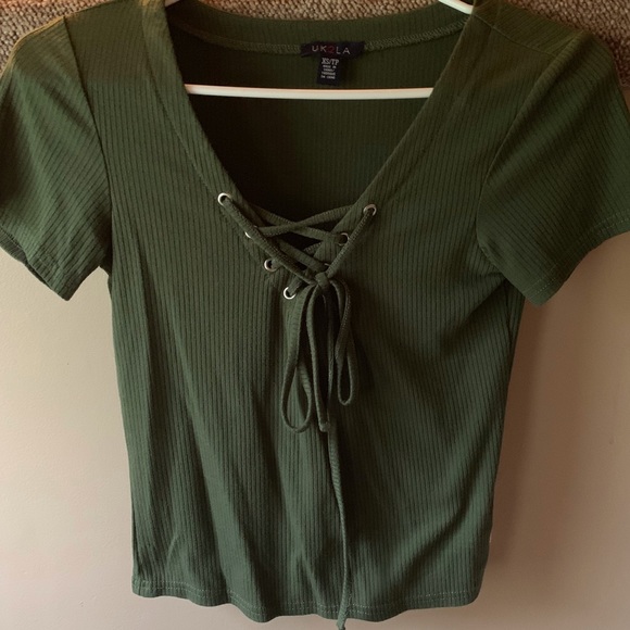 UK2LA Tops - UK2LA Army Green Ribbed Lace Up Crop Top